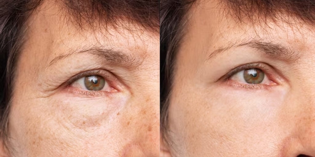 Antes e depois: área dos olhos mais firme e uniforme