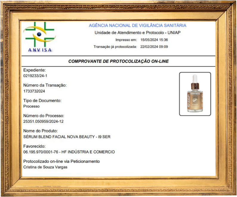 Certificado de aprovação ANVISA do Nova Beauty Sérum